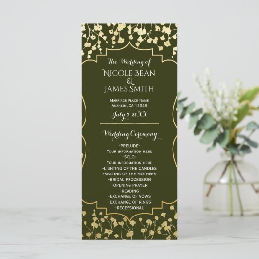 Gouden Baby's Breath Bloem Olive Bruiloftsprogramm Programmakaart (Staand voorkant)