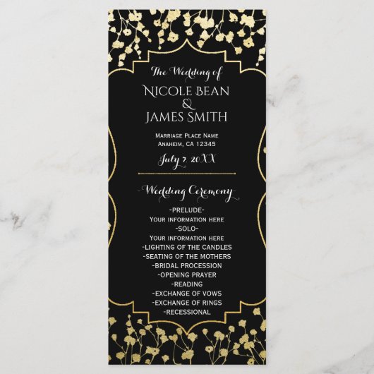 Gouden Baby's Breath Bloem Zwarte Huwelijksprogram Programmakaart (Voorkant)