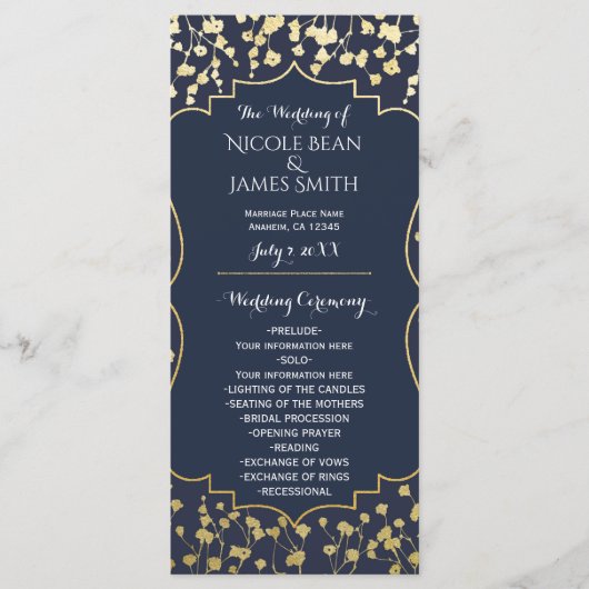 Gouden Baby's Breath Bloemen Blauwe Huwelijksprogr Programmakaart (Voorkant)