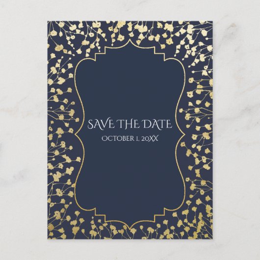 Gouden Baby's Breath Bloemen Rustiek Blauw Save Da Aankondigingskaart (Voorkant)