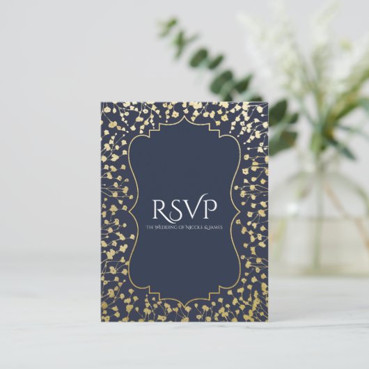 Gouden Baby's Breath Bloemige Rustieke Blauwe Trou Uitnodiging Briefkaart (Staand voorkant)