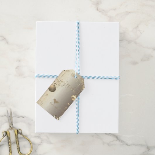 Gouden Ballen Sneeuwvlokken Sterren Cadeaulabel (Met Touw)