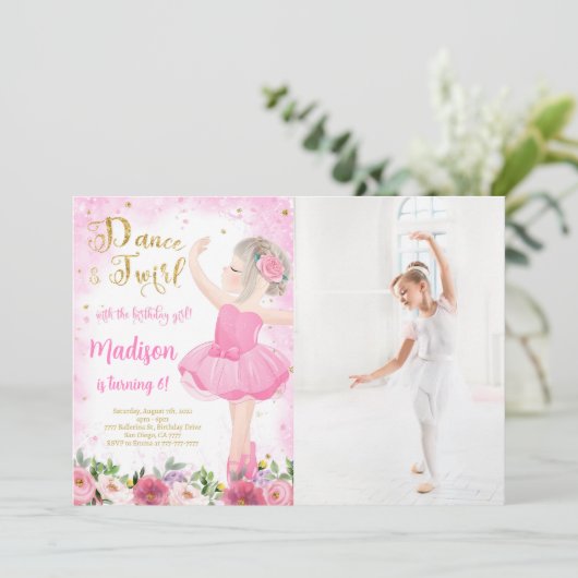 Gouden Ballerina foto uitnodiging (Staand voorkant)