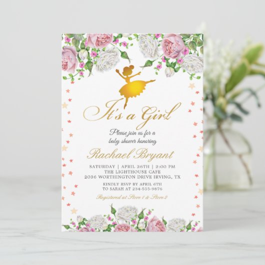 Gouden Ballerina Het is een Meisje Bloemige Baby S Kaart (Staand voorkant)