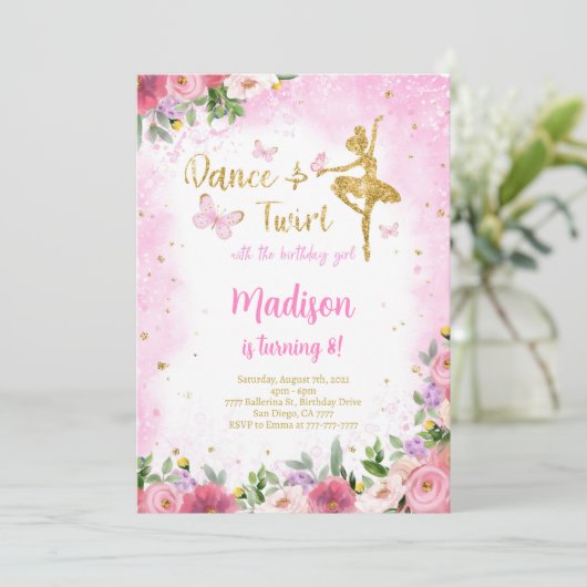 Gouden Ballerina uitnodiging (Staand voorkant)