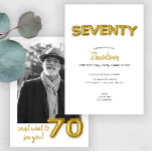 Gouden ballon 70e verjaardag foto uitnodigen kaart<br><div class="desc">Vier zeventig jaar van liefde, leven en lachen met deze gouden ballon 70e verjaardag foto uitnodiging. Met "ZEVENTIG" in faux gouden folie ballonletters en ruimte voor een aangepaste foto, is dit elegante en moderne ontwerp gemakkelijk te personaliseren. Voeg de naam van de eregast, feestdetails en RSVP toe aan de creëer,...</div>