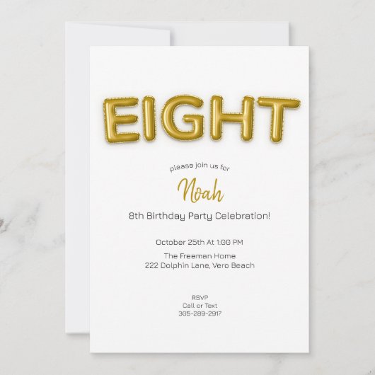 Gouden ballon achtste verjaardag foto uitnodigen kaart (Voorkant)