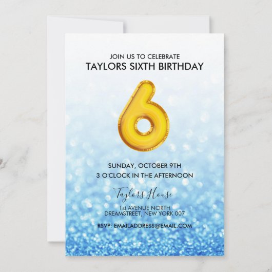 Gouden ballon Blue Glitter 6e verjaardagsfeest Kaart (Voorkant)