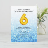 Gouden ballon Blue Glitter 6e verjaardagsfeest Kaart (Staand voorkant)