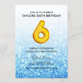 Gouden ballon Blue Glitter 6e verjaardagsfeest Kaart