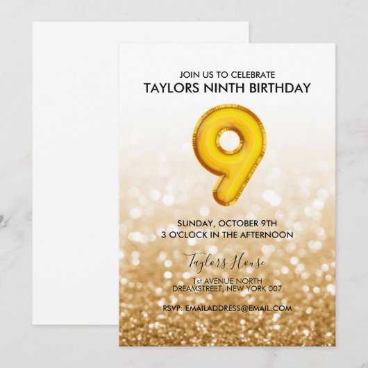 Gouden ballon Glitter 9e verjaardag Kaart (Voorkant / Achterkant)