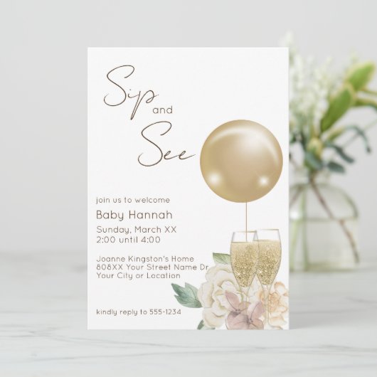 Gouden ballon met champagne & bloemen Sip en See Kaart (Staand voorkant)