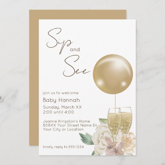 Gouden ballon met champagne & bloemen Sip en See Kaart (Voorkant / Achterkant)