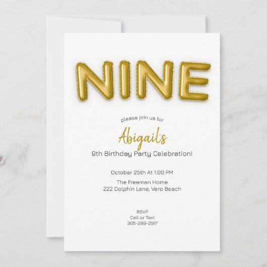 Gouden ballon Negende verjaardag foto uitnodigen Kaart (Voorkant)