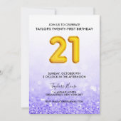 Gouden ballon Paarse glitter 21 verjaardagsfeestje Kaart (Voorkant)