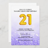 Gouden ballon Paarse glitter 21 verjaardagsfeestje Kaart (Voorkant / Achterkant)