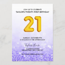 Gouden ballon Paarse glitter 21 verjaardagsfeestje Kaart
