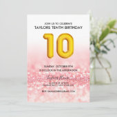 Gouden Ballon Roze Glitter 10e Verjaardagsfeest Kaart (Staand voorkant)