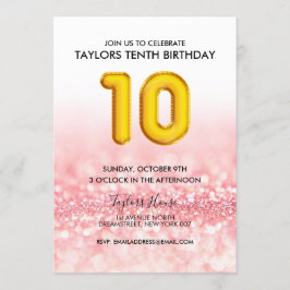 Gouden Ballon Roze Glitter 10e Verjaardagsfeest Kaart