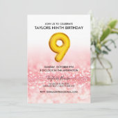 Gouden ballon Roze Glitter 9e Verjaardagsfeest Kaart (Staand voorkant)