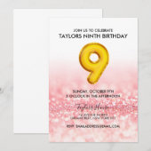 Gouden ballon Roze Glitter 9e Verjaardagsfeest Kaart (Voorkant / Achterkant)