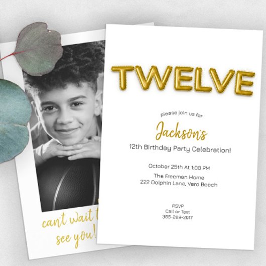 Gouden ballon Twaalfde verjaardag foto uitnodigen Kaart