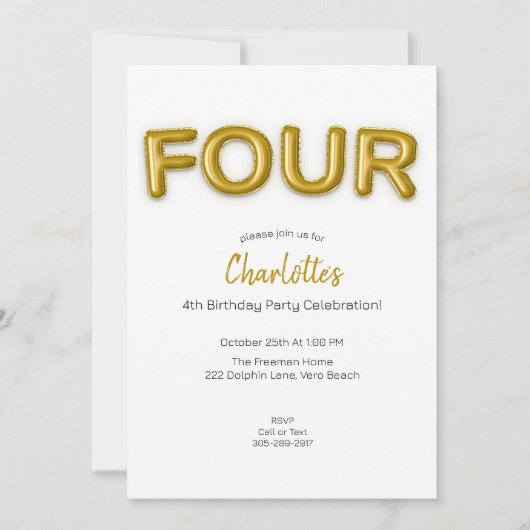 Gouden ballon vierde verjaardag foto uitnodigen kaart (Voorkant)