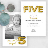 Gouden ballon vijfde verjaardag foto uitnodigen kaart