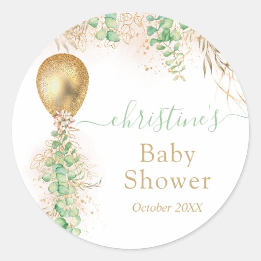 Gouden ballon waterverf bloemenkraamfeest ronde sticker (Voorkant)
