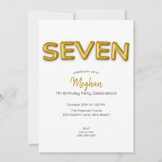 Gouden ballon zevende verjaardag foto uitnodigen kaart (Voorkant)