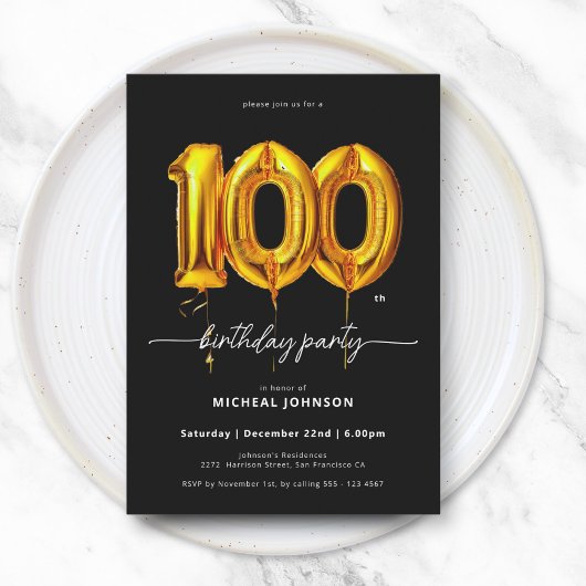 Gouden ballon zwart 100e verjaardag kaart