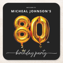 Gouden ballon zwart 80ste verjaardagsfeest kartonnen onderzetters