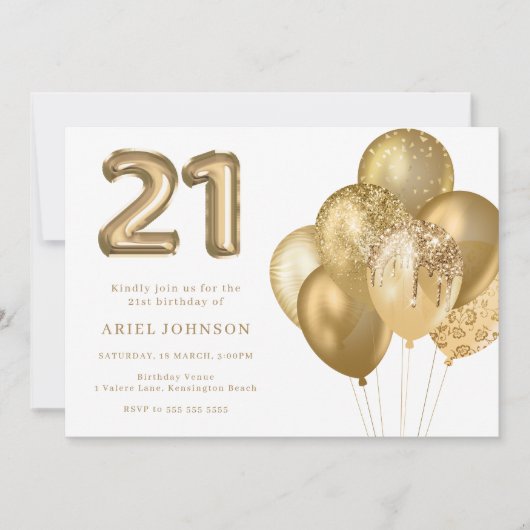 Gouden ballonnen 21e verjaardagsfeestje kaart (Voorkant)