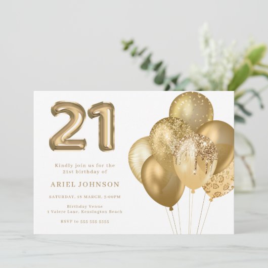 Gouden ballonnen 21e verjaardagsfeestje kaart (Staand voorkant)