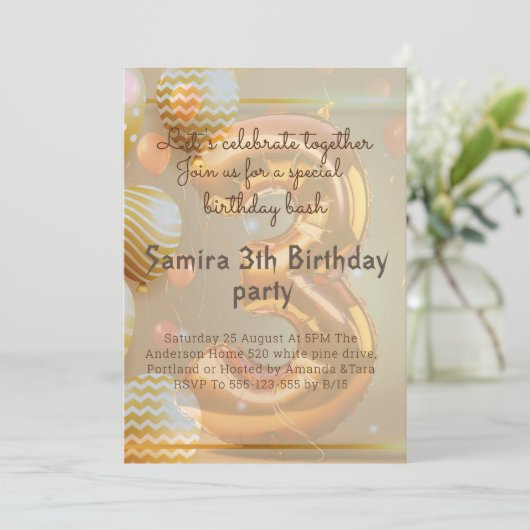 "Gouden Ballonnen 3e Verjaardagsfeest!" Uitnodigin Kaart (Staand voorkant)