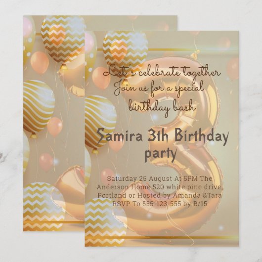 "Gouden Ballonnen 3e Verjaardagsfeest!" Uitnodigin Kaart (Voorkant / Achterkant)
