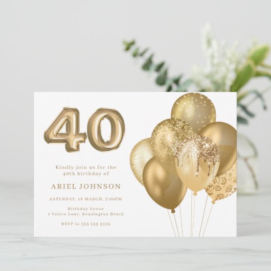 Gouden Ballonnen 40ste Verjaardagsfeest Kaart (Staand voorkant)