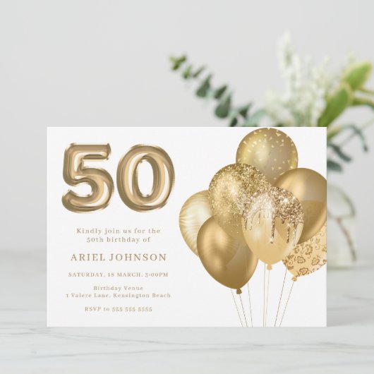 Gouden ballonnen 50ste verjaardagsfeestje kaart (Staand voorkant)