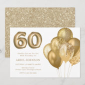 Gouden ballonnen 60e verjaardagsfeestje kaart (Voorkant / Achterkant)