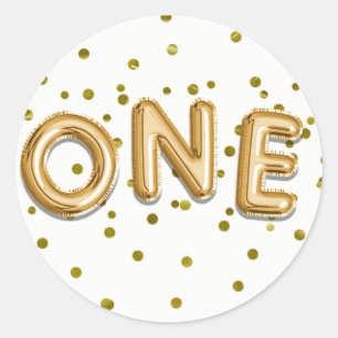 Gouden Ballonnen & Confetti EEN 1e Verjaardagsfees Ronde Sticker
