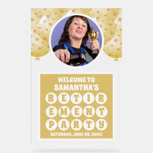 Gouden ballonnen foto Pensioen Welkom Frosted Acryl Bord (Voorkant)