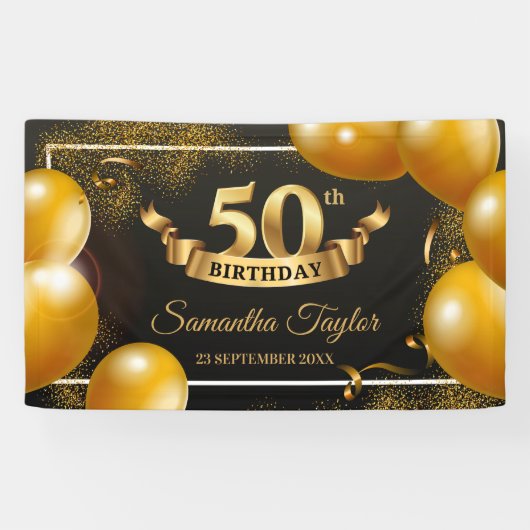 Gouden ballonnen glitter schittert fancy spandoek (Horizontaal)