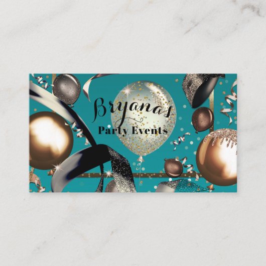 Gouden Ballonnen Turquoise Zwart Feest Planner Visitekaartje (Voorkant)