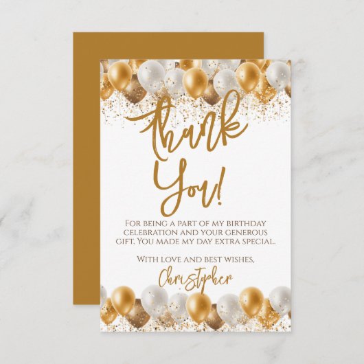 Gouden ballonnen Verjaardag Bedankkaart (Voorkant / Achterkant)
