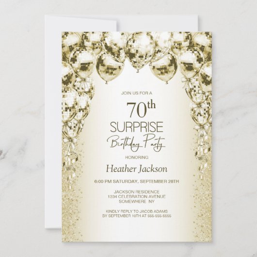 Gouden ballonnen verrassen 70ste verjaardagsfeest kaart (Voorkant)