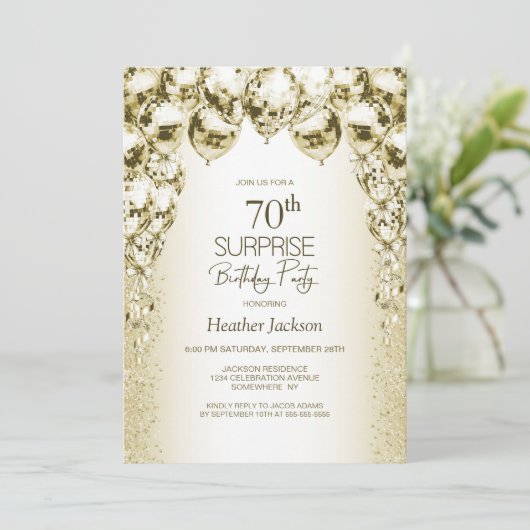 Gouden ballonnen verrassen 70ste verjaardagsfeest kaart (Staand voorkant)