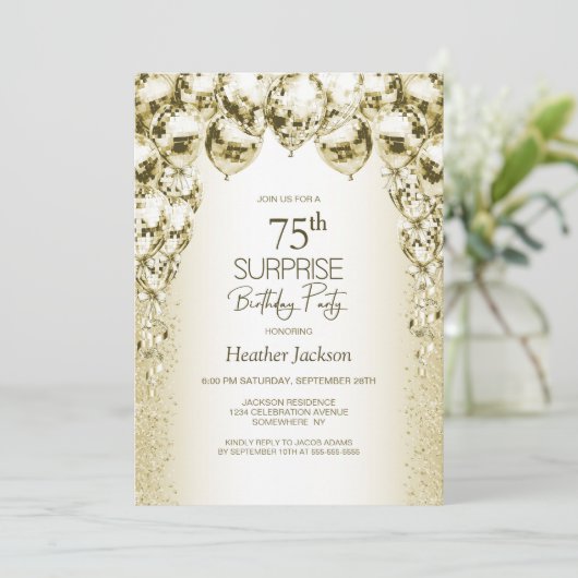 Gouden Ballonnen Verrassen 75e Verjaardagsfeestje Kaart (Staand voorkant)