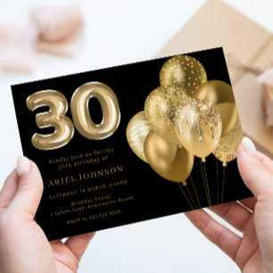 Gouden ballonnen zwart 30e verjaardagsfeest kaart