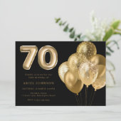Gouden ballonnen zwart 70e verjaardagsfeest kaart (Staand voorkant)