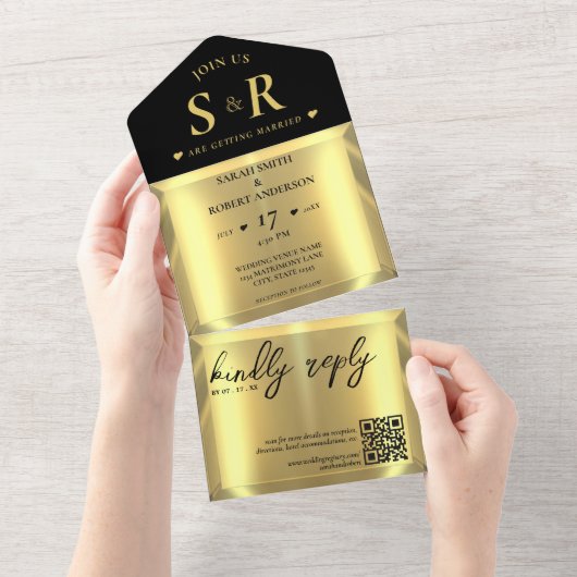 Gouden Bar Elegante Bruiloft All In One Uitnodiging (Afscheurbaar)